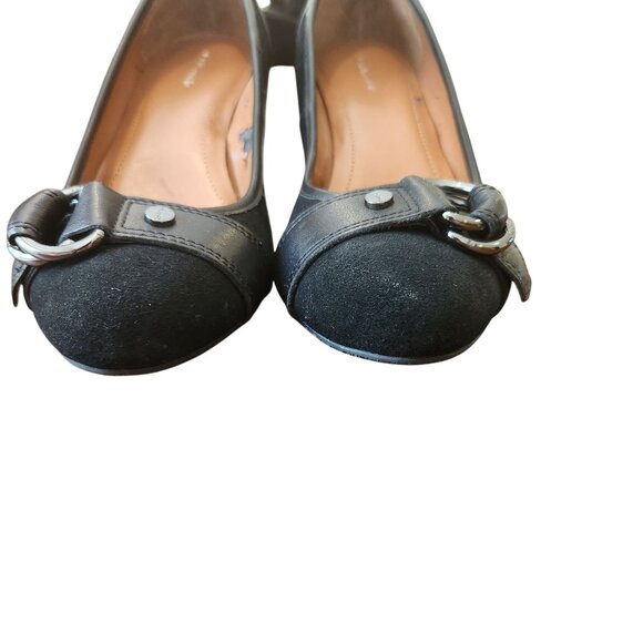 Calvin Klein SONDRA Black Suede & Leather Wedge Pumps Size 7.5 Buckle Detail - Picture 3 of 10